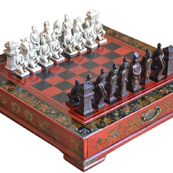 

Wood Chess Chinese Retro Terracotta Warriors Chess Wood Do Old Carving Resin Chessman Christmas Birthday Premium Gift