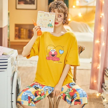 

Bangtan Boys Pajama Set Summer Harajuku Printed Kawaii Sesame Street Printed Cartoon Pyjamas Cotton Homewear Fashion Clothes
