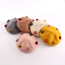 

Autumn Winter Warm Parent Child Solid Color Cute Children Wool Flower Kids Beret Hats For Women Female 2021