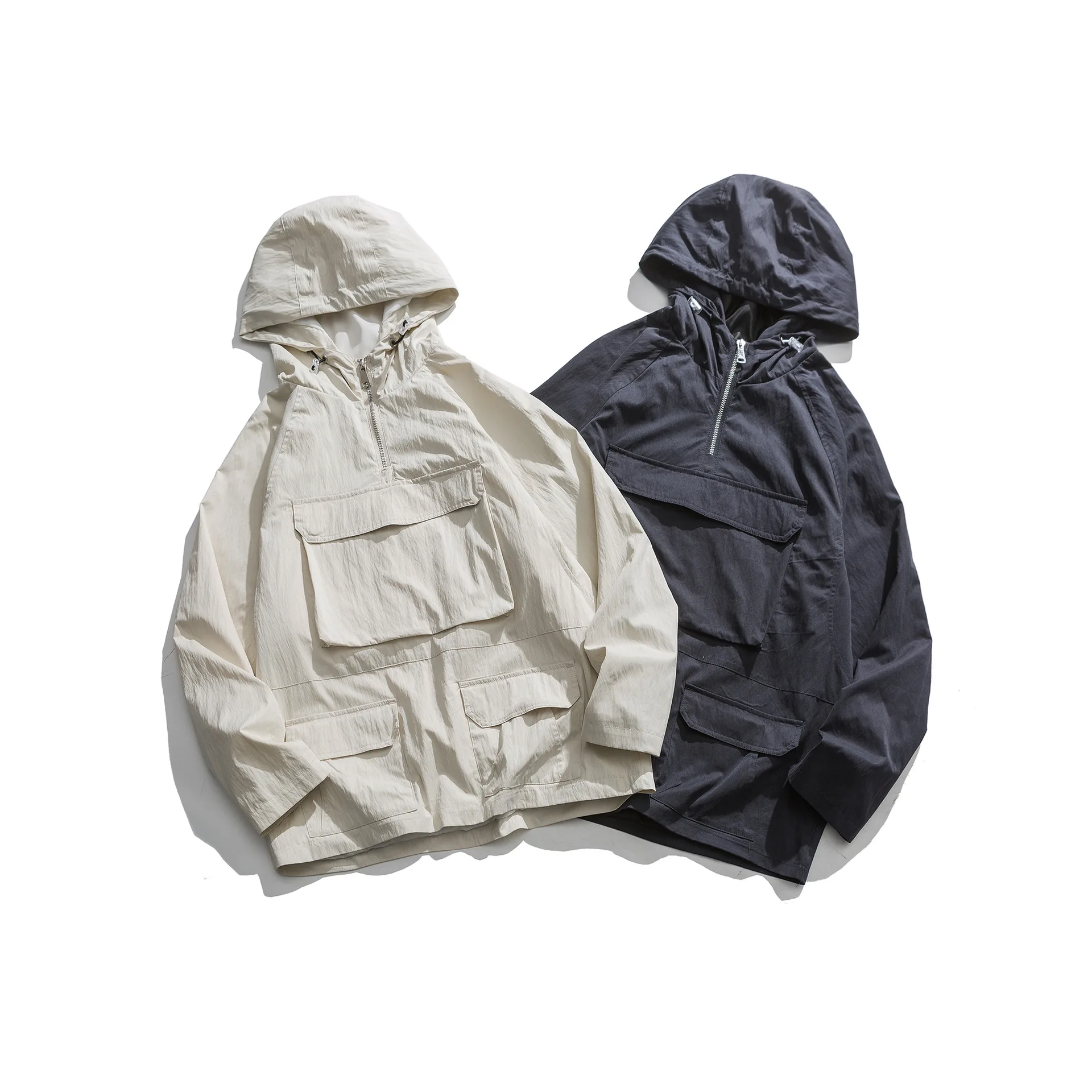 

Wu Navigation Autumn American-Style Function Solid Color Hooded Pullover Jacket Men's Loose-Fit Couples BF Unisex Raincoat Jacke
