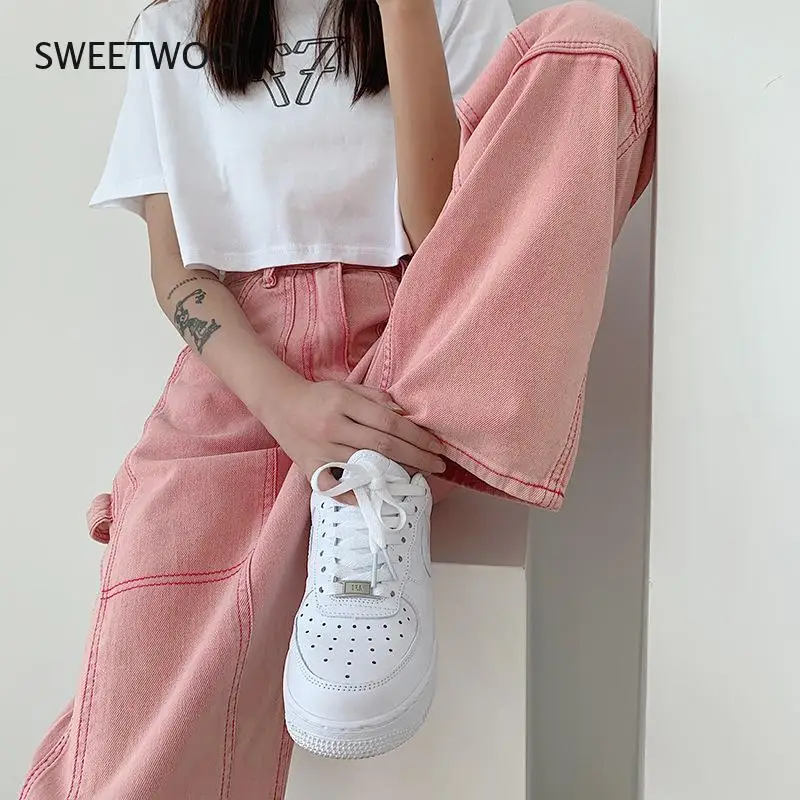 Pink Jeans Women's Summer 2021 Korean Version of The Retro High-Waisted Thin Loose Casual Straight Wide-Leg Long Pants