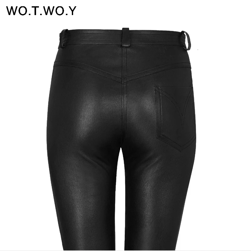 Autumn Winter High Waisted Leather Pants Women Fleece PU Leather Trousers Women Pockets Casual Black Pencil Pants 2018