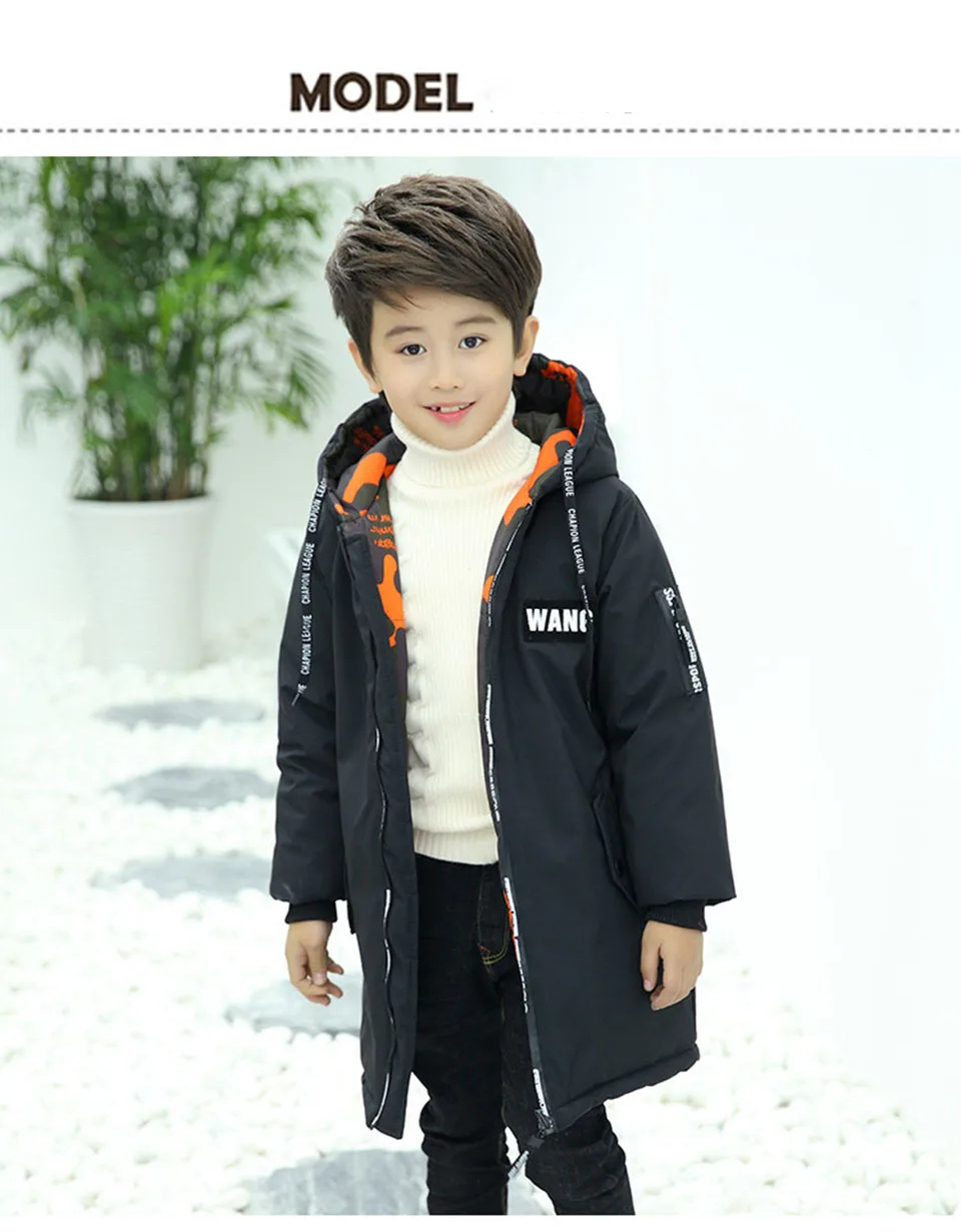 Детская зимняя куртка пальто для мальчиков утепленное длинное пуховое хлопковое пальто с капюшоном куртка для маленьких мальчиков, подростковая одежда для детей от 4 до 15 лет - Цвет: Черный