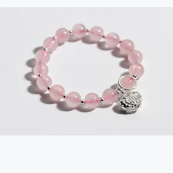 

925 Real. Sterling Silver Natural Pink strawberry quartz & Love Heart lucky beads charms Bracelet FLORAL GTLS770