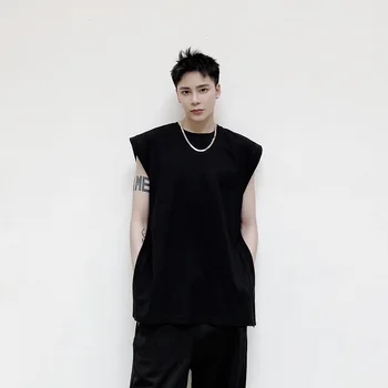 

Male Japan Style Fashion Loose Sleeveless Tees Shirts Men Streetwear Casual Side Split Black White Tops Tanks