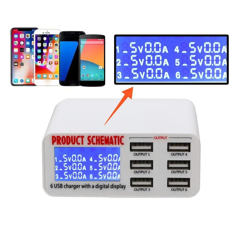 USB3.0 Charge 6 Ports 6A Smart USB Charger Adapter QC3.0 USB Hub USB Hub Charger Dock Station with LCD Display Auto Detect