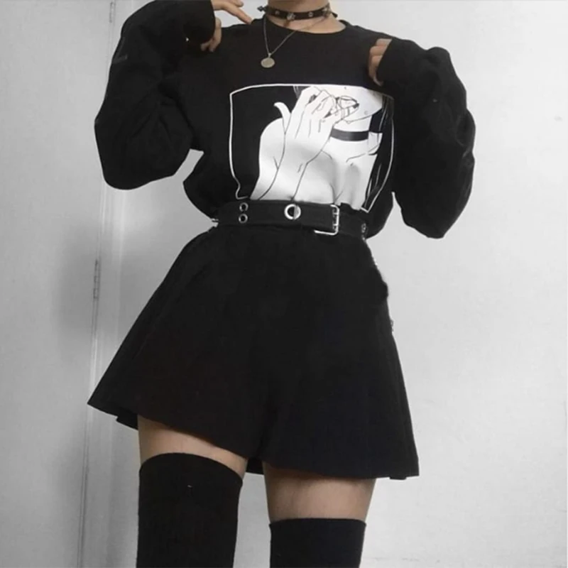 

Gothic Two Pieces Set Sweatshirts Short Pants Sweatshirts Women Punk Long Sleeve Pullover Tops