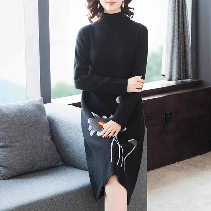 Винтажный вязаный свитер с цветочным принтом больших размеров, женское платье черного цвета с длинным рукавом, свободная зимняя элегантная одежда vestidos, женские платья