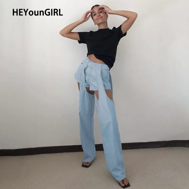 HEYounGIRL Cut Out High Waisted Straight Long Trousers Women Removable Casual Jeans Pants Capris Fashion Denim Pants High Street HEYounGIRL Cut Out High Waisted Straight Long Trousers Women Removable Casual Jeans Pants Capris Fashion Denim Pants High Street