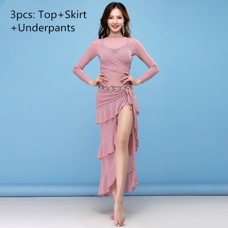 3pcs Pink Танец живота с длинным рукавом рубашка упражнения одежда набор сетки серебряный шелк сплит гофрированная юбка Топ женские костюмы для соревнований - Цвет: 3pcs Pink