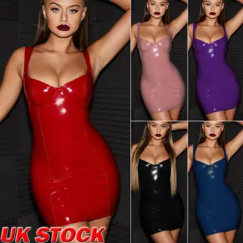 

2019 Sexy Backless Club Party Short Dress Solid Black Wet Look Latex Bodycon Faux LeatheClubwear Party Nightclub Red Black Dress