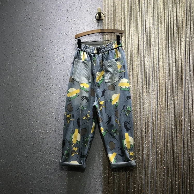 

Village Do Old Denim Jenas Woman 2020 Spring New Elastic-Waist Loose Printed Patch Denim Harem Pants Boyfriend Jeans for Women