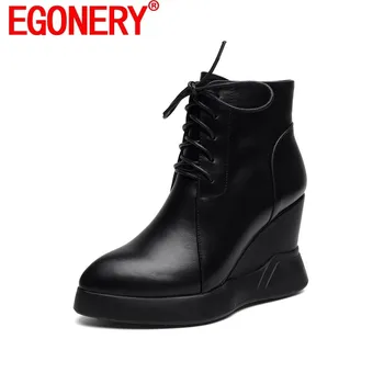 

EGONERY genuine leather ankle boots women new style round toe platform wedges woman shoes ladies side zipper laced up booties