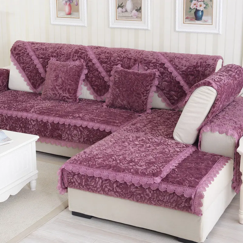 Purple Роскошный Европейский Бархатный Чехол для дивана розовый жаккард утепленный диван полотенце кружевная одежда для шезлонга плюшевое покрывало на диван - Цвет: Purple