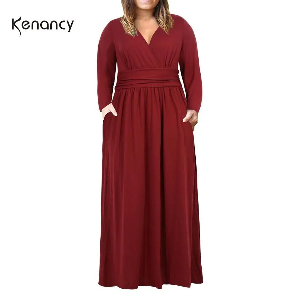 Kenancy 3XL-9XL размера плюс v-образный вырез чистый цвет женское платье с длинным рукавом Осень Зима Элегантное Длинное над размером Макси платье вечерние платья