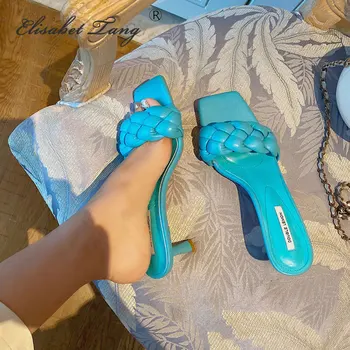 

Elisabet Tang 2020 Design Weave Women Slipper Ladies Thin High Heel Sandal Open Toe Slip On Summer Outdoor Slides Flip Flop Shoe