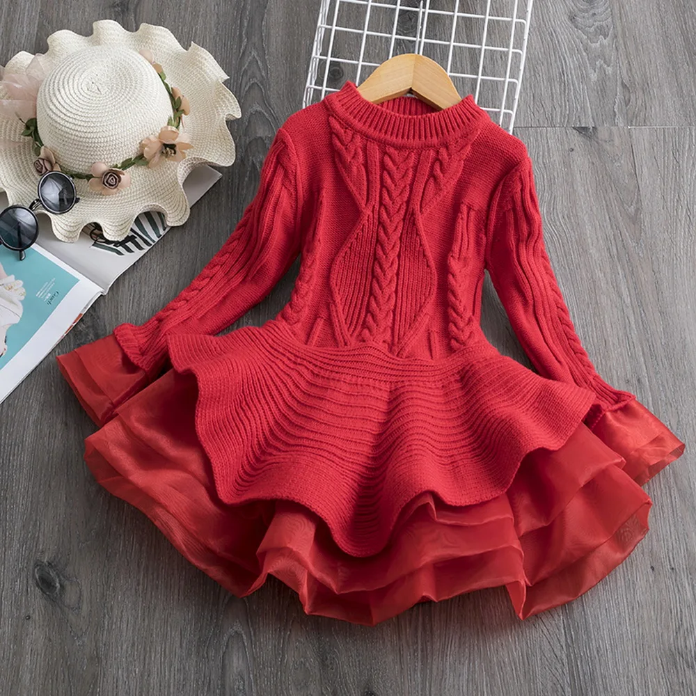 Autumn Winter Girls Sweater Tutu Dress Long Sleeve Crew Neck Kids Lace Dresses for Girls 2020 Cotton Dress Girl 6 Years D35