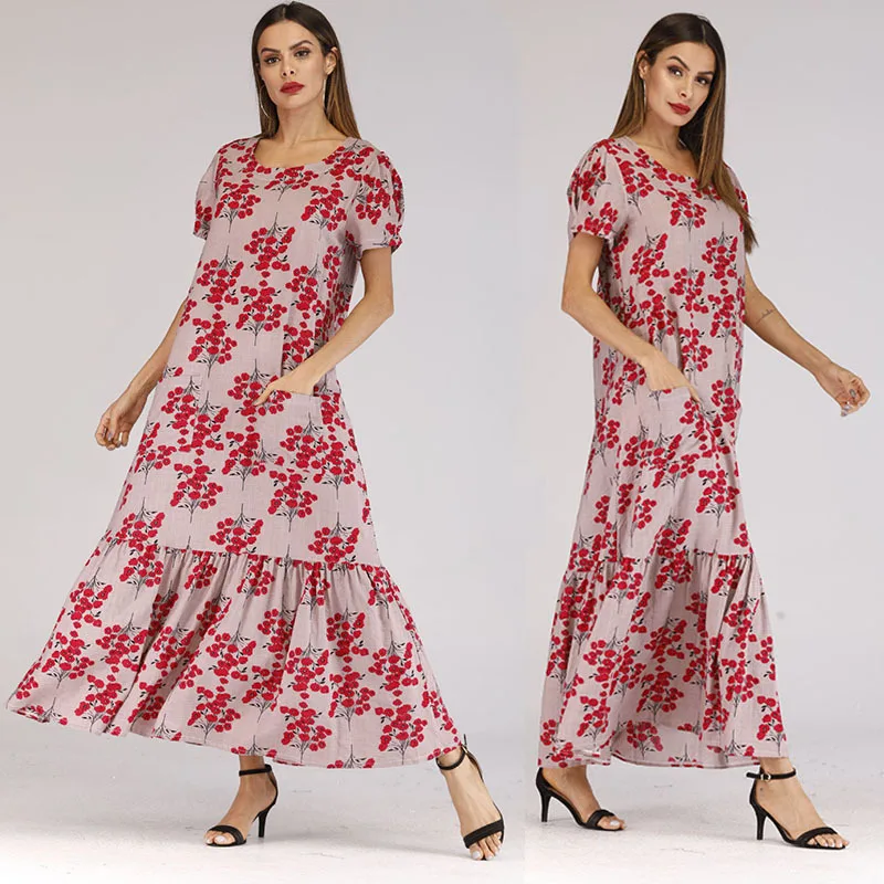 

2019 New Style Dress Europe And America Hot Selling Floral-Print Crew Neck Joint Big Hemline Elegant Large Size Long Skirts
