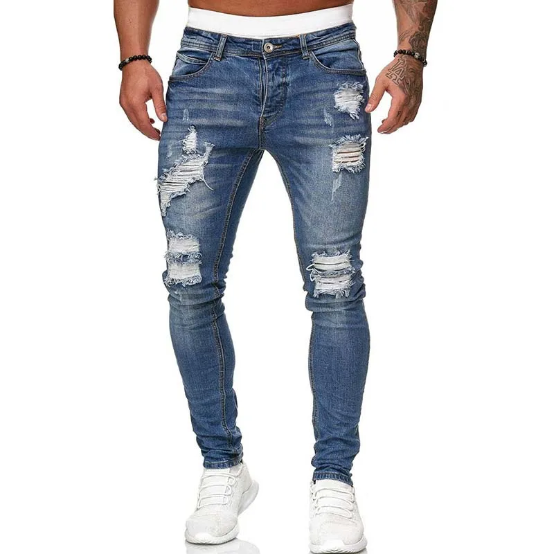 Mens Ripped Skinny Jeans Blue Slim Fit Hole Pencil Pants Casual Biker Trousers Streetwear 2021 High Quality Denim Man Clothing