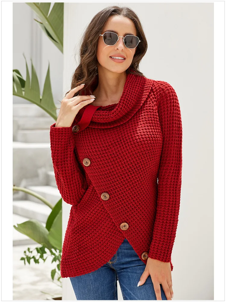 Осенний и зимний однотонный толстый свитер, женский Однорядный Асимметричный свитер с диагональной пряжкой и длинным рукавом, женская одежда