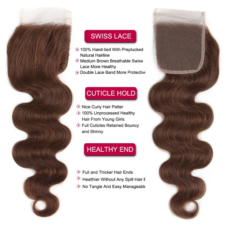 #4 Brown 4x4 Lace Closure Remy Brazilian Human Hair Chocolate #2 Body Wave Closure With Baby Hair Hand Tied Transparent human hair lace frontal