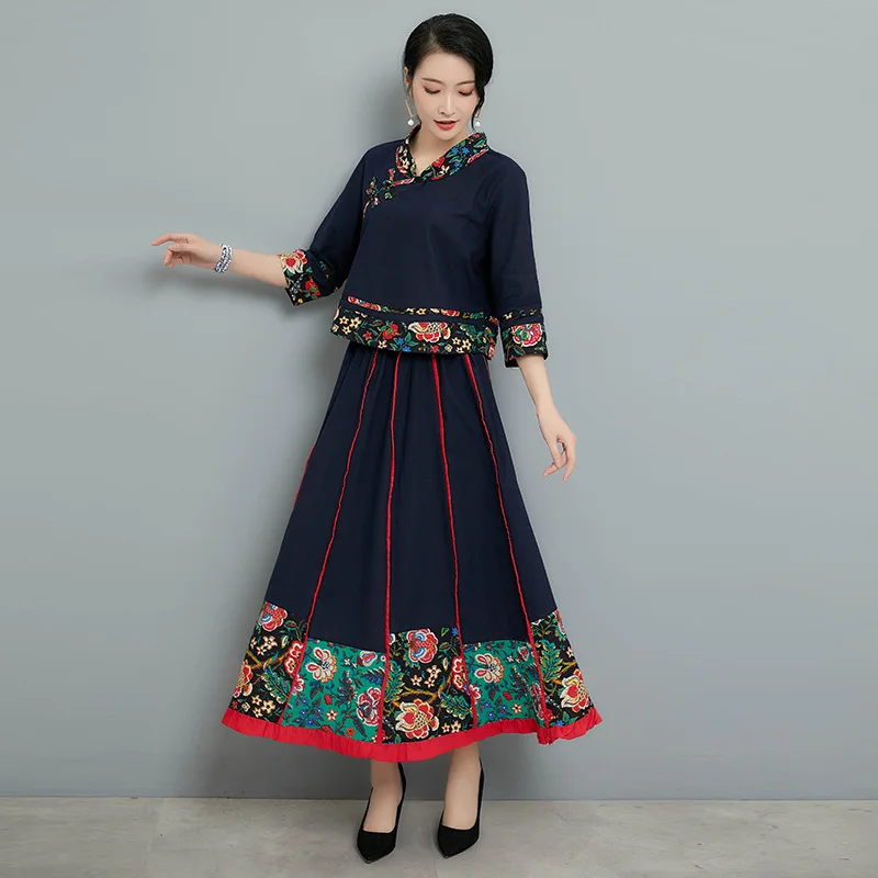

2019 Spring New Style Ethnic-Style Large Size Joint Long Skirt Frog Tops Two-Piece Set WOMEN'S Dress