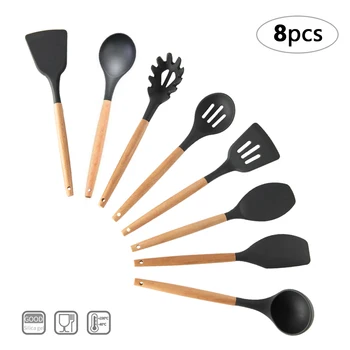 

8 PCS Kitchen Utensils Set Wood Handle Silicone Cooking Wares Heat Resistant Kitchen Utensils Gadgets Easy to Wash for Kitchens