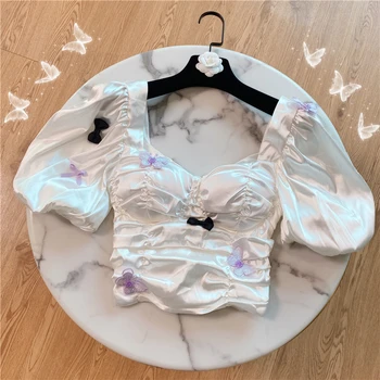 

Blusas Mujer De Moda 2020 Summer New Retro Sexy Back Strap Elegant Lantern Sleeve Butterfly Short Satin Blouse Women Crop Tops
