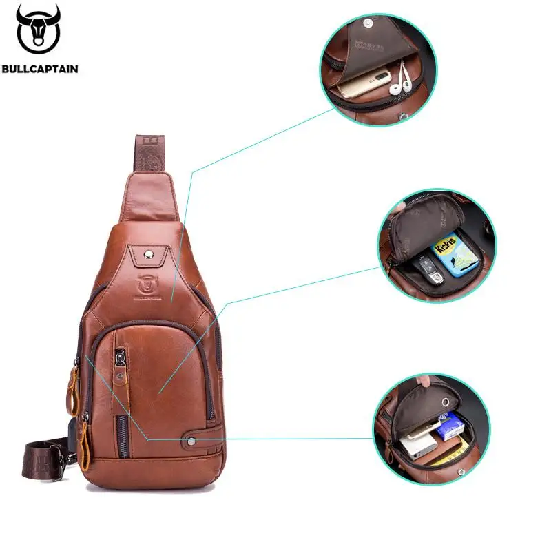 BULLCAPTAIN, мужская сумка через плечо, Мужская USB нагрудная сумка, кожаная сумка через плечо, диагональная посылка, новинка, дорожная сумка