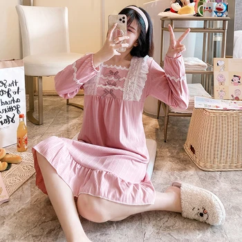 

Delicate Vintage Embroidery Pure Cotton Women's Long Nightgowns Luxury Sleepwear Elegant Female Loose Nighty Spring Autumn Dres