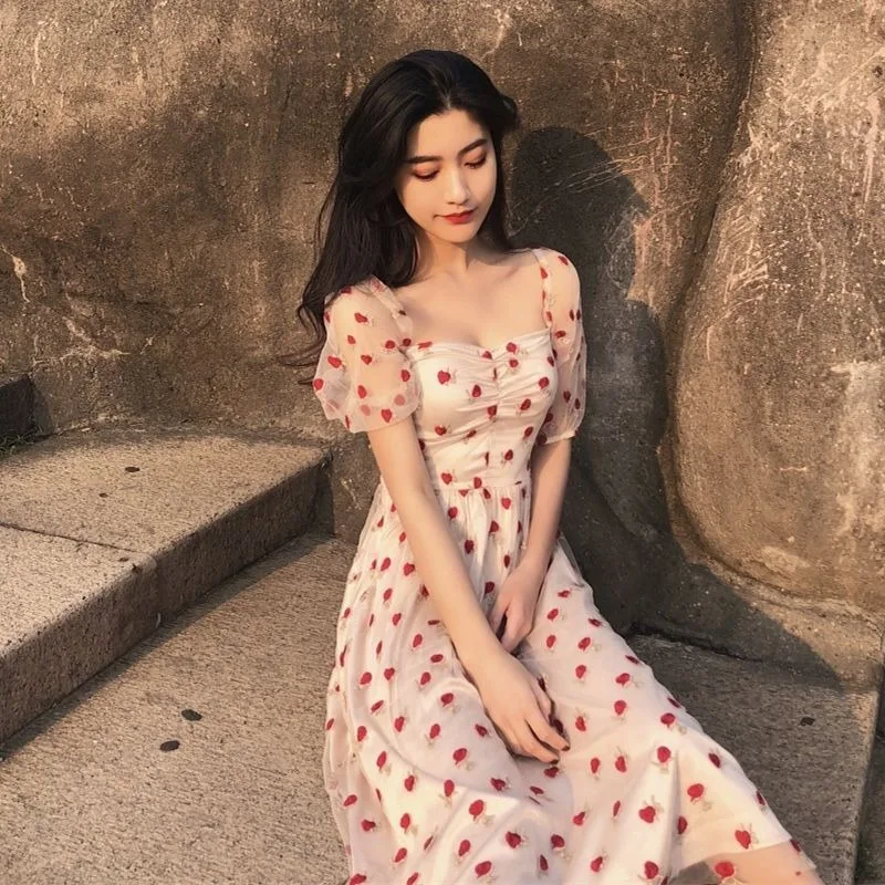 

QWEEK New Kawaii Strawberry Dress Vintage Women Summer Puff Short Sleeve Midi Dress Backless Japanese Style Sweet Clothes 2020