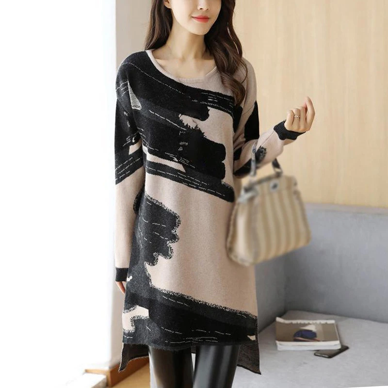 

Women Dress Autumn Casual Loose Straight Dress Round Neck Print Full Sleeve Knitwear Dresses