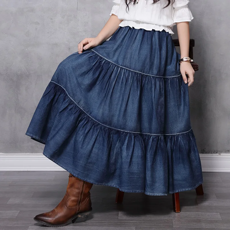 

Classic Summer Denim Skirts Womens Pleated long Jeans Skirt Sweet Solid Casual Button Long Skirt Women Loose Skirts