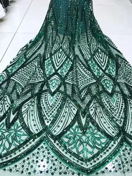 

2020 Wholesale luxury quality African chiffon lace fabric with sequins 5 yards emerald green sequins lace fabric YYZ2139