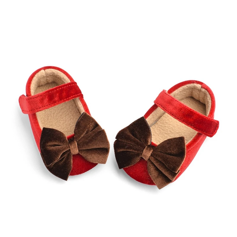 Cute Velvet Flock Princess Bow Shoes Toddler Baby Girls Mary Jane Flats Soft Sole Non-Slip Infant Kids Prewalkers