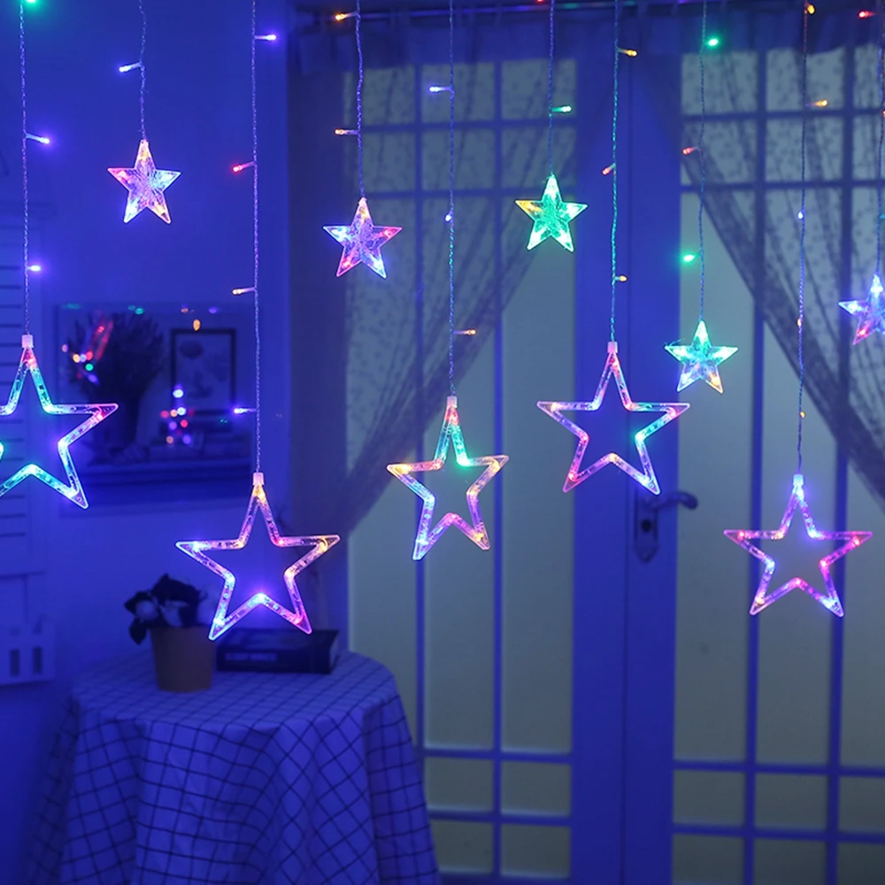 Мерцающая звезда, 12 звезд, 138 СВЕТОДИОДНЫЙ занавес, струнные огни, оконный занавес, световое украшение для рождественской свадьбы, вечеринки, дома, Патио газон