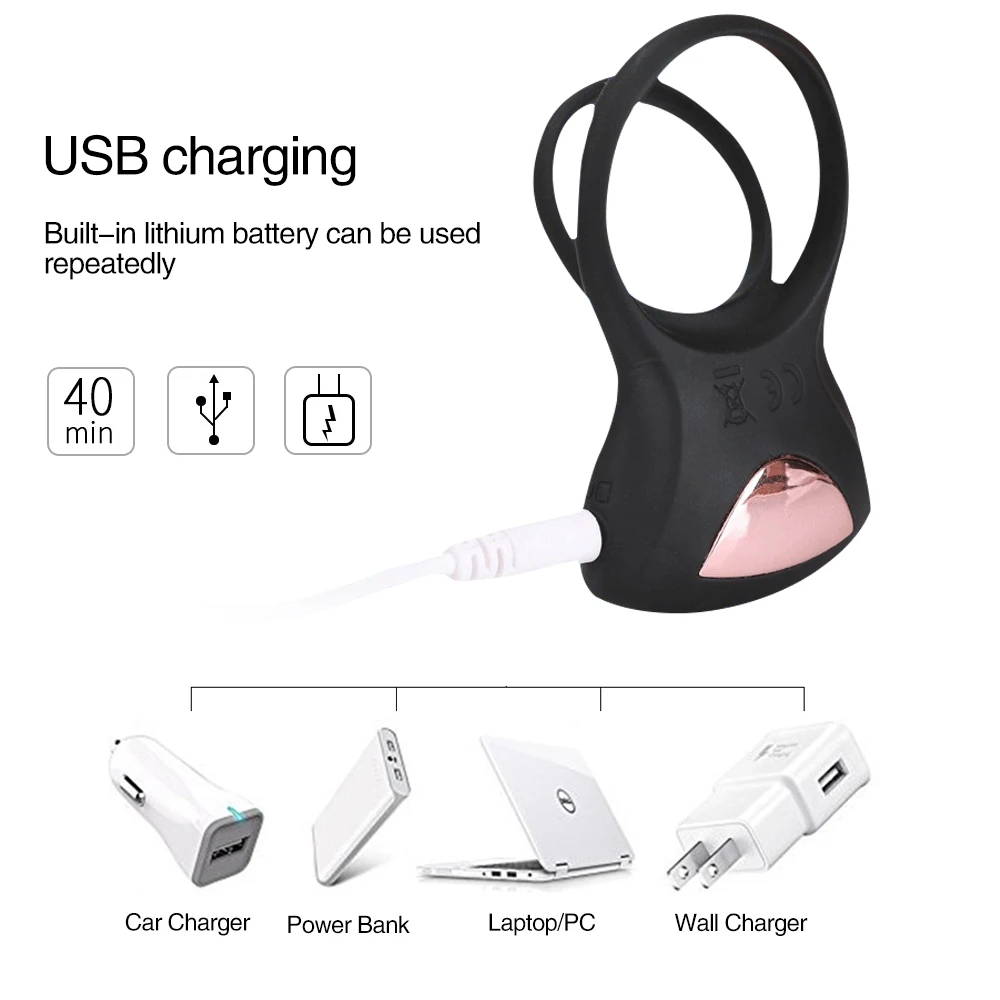 Dual Vibrating Silicone Cock Ring With Electric Shock For Men_voghion.com