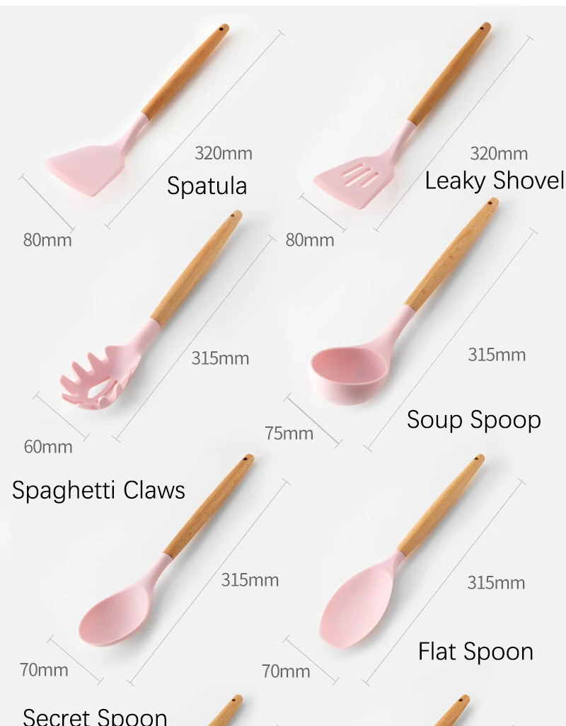 Pink Cooking Kitchenware Tool Silicone Utensils With Wooden Multifunction Handle Non-Stick Spatula Ladle Egg Beaters Shovel