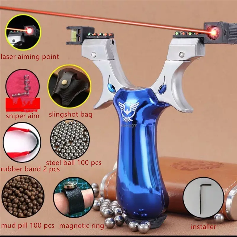 

new style big power high precision outdoor hunting slingshot laser aiming slingshot using flat rubber band
