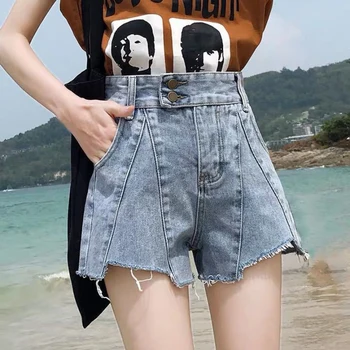 

Women's Summer Jean Short Fashion High Waist Frayed Raw Hemline Ripped A-Line Loose Denim Shorts