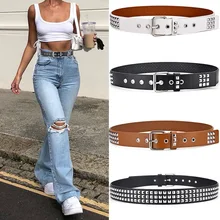 Punk Men's Belt Square Bead Rivet Belt Fashion Men's and Women's Universal Pants Belt Leather Studded Wide Apparel