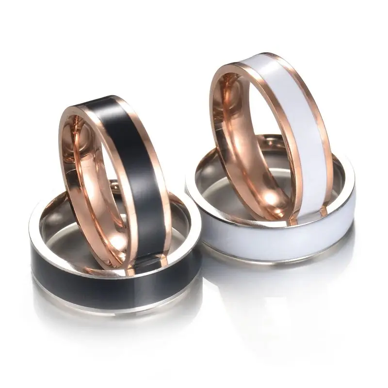 Тренд розовое золото нержавеющая сталь для женщин обручальные кольца белое кольцо с черной эмалью панк любовника ювелирные изделия Мужчины Bague