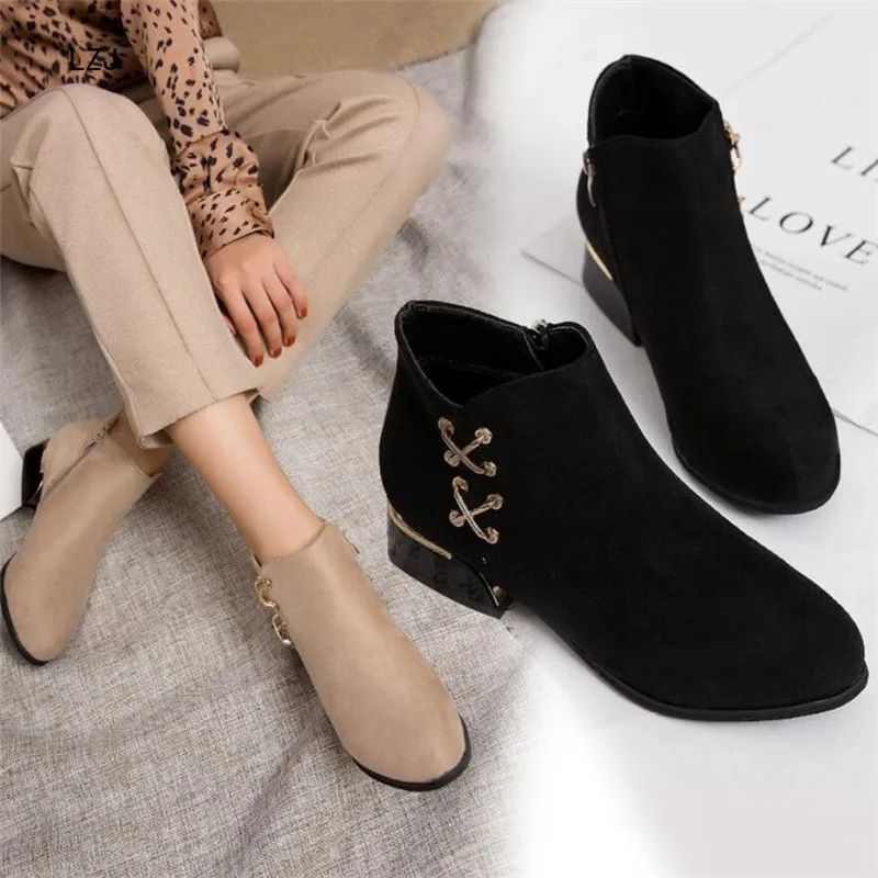 

LZJ Fashion Women Boots 2019 Autumn Winter Boots Female Shoes Ladies Ankle Boots Low Heels Shoes Woman Suede Leather Boots