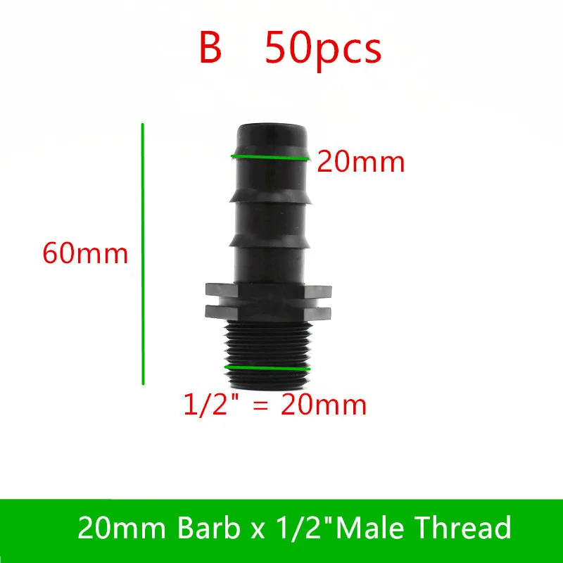 20-50PCS 1/2"3/4" Male x 16mm 20mm Barb Connector Male Adapter Poly Hose Barbed Fitting Dripline Tubing Fittings For LDPE Tube