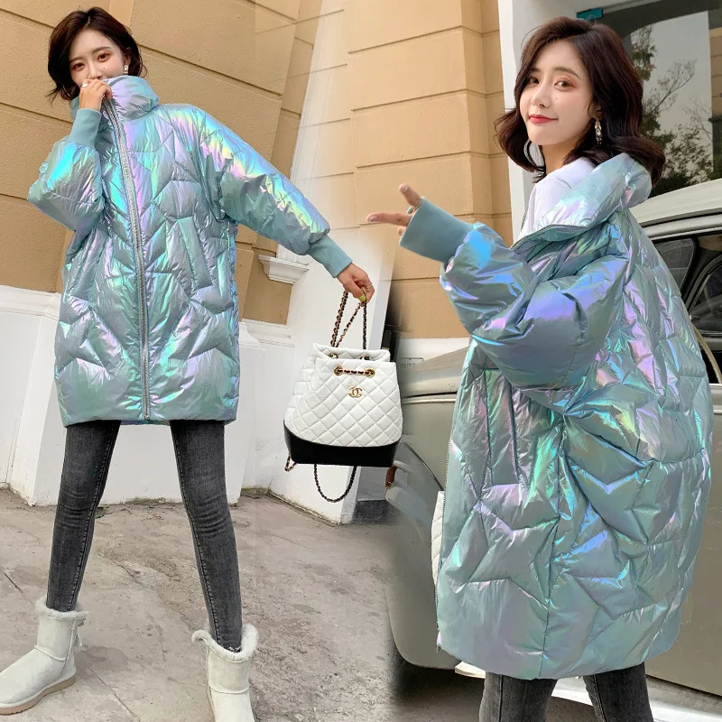 Babylovi, женские пуховики, новинка, зимние, теплые, длинные, серебристые, яркие цвета, Свободное пальто, радужные, градиентные, с хлопковой подкладкой, пальто