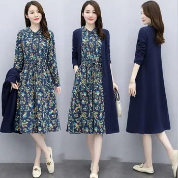 

Floral Cotton Linen Dress Women's Autumn Dress 2020 New Thin Waist Show Thin Casual Long Skirt Two Pieces Of Skirt