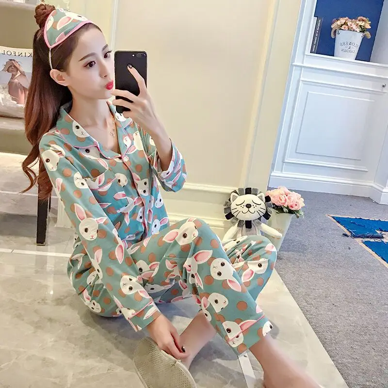 

Women Cartoon Fruit Print Pajamas Set Autumn Winter Cotton Long-sleeve T-Shirt+Trousers Fashion Girl Nightwear Sleepwear Outfits