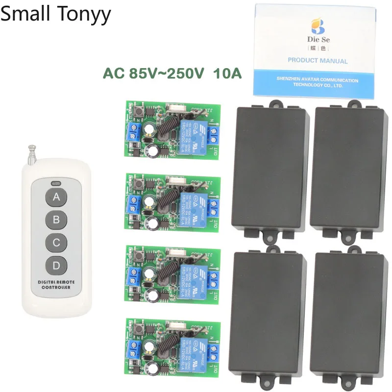 

Long range rf Switch Remote Control AC 85~220V 1CH 2200W 4 gangs Relay Receiver and Transmitter for door and Home appliance