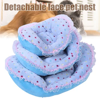 

Colorful Dots Flannel Detachable Washable Lace Pet Nest Puppy Lace Edge Soft Warm House Pet Bed For Drop Ship