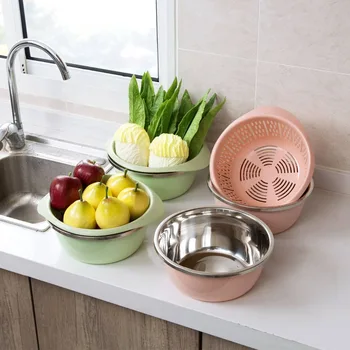 

2Pcs/Set Kitchen Drain Storage Basket Pot Wash Vegetables Fruit Container Colander Strainer Food Washing Draining Basket Sieve